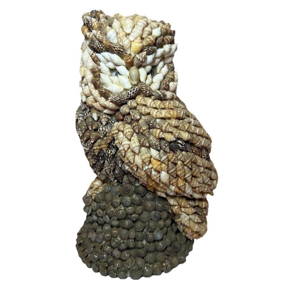 Vintage Handmade Seashell Owl Figurine Coastal Beach nautical decor Boho Sculpt